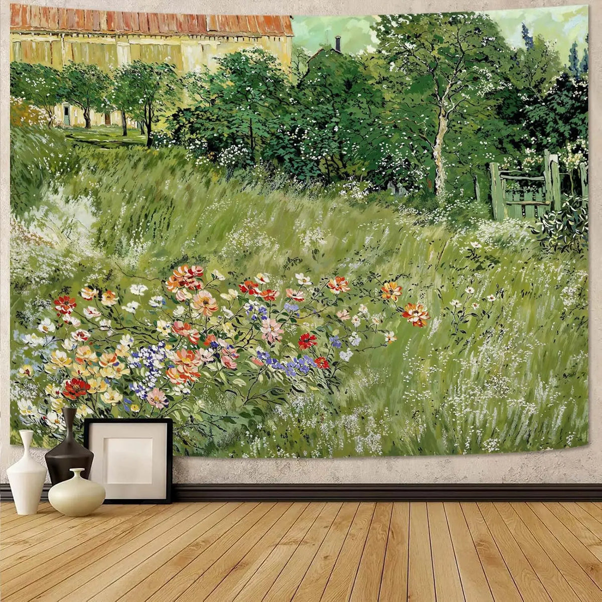 tapisserie murale paysage champêtre fleurs arbres maison verte polyester rectangle vintage