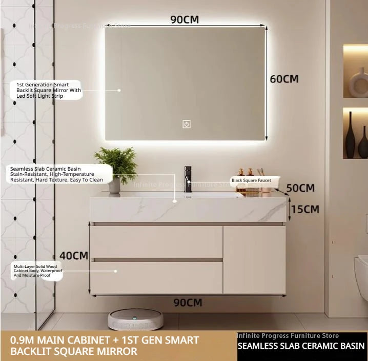 meuble salle bain blanc marbre moderne étagères miroir lumineux accessoires fixations murales