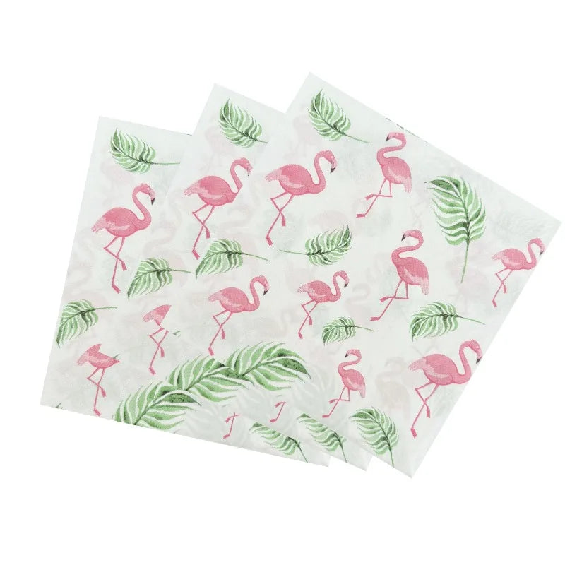 serviettes papier 33cm blanc rose vert motif flamants roses feuilles tropicales moderne 20 pièces