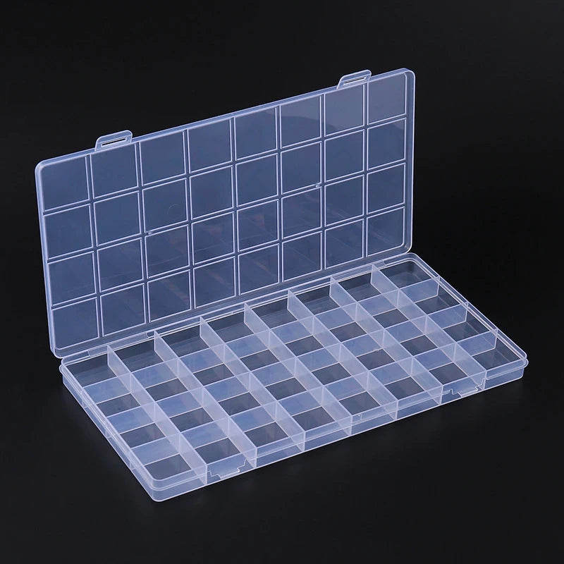 boîte rangement transparente compartiments grille bijoux organisation pratique vis bleu blanc