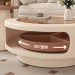 table basse moderne verre transparent plateau rotatif compartiment trois sections couleur beige marron clair