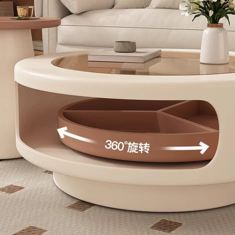 table basse moderne verre transparent plateau rotatif compartiment trois sections couleur beige marron clair