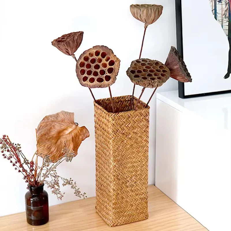 vase decoratif tressage wicker beige rustique decoration intérieure fleurs séchées branches verte