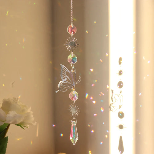 pendentif décoratif cristal transparent argenté oeil papillon lune étoile strass boho vintageextérieur decoration