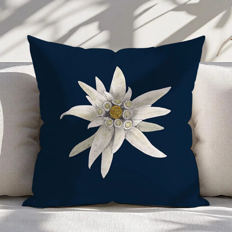 housse coussin fleur blanche bleu marine moderne texture mat 45x45cm décoration chambre salon voiture