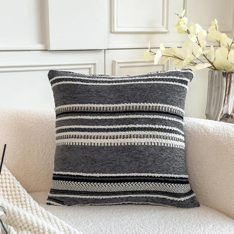 housse coussin rayé polyester 45x45cm moderne blanc beige gris vert chambre