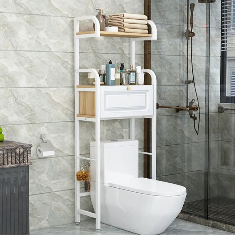 étagère salle bain moderne trois niveaux blanc acier inoxydable tiroir pieds antidérapants
