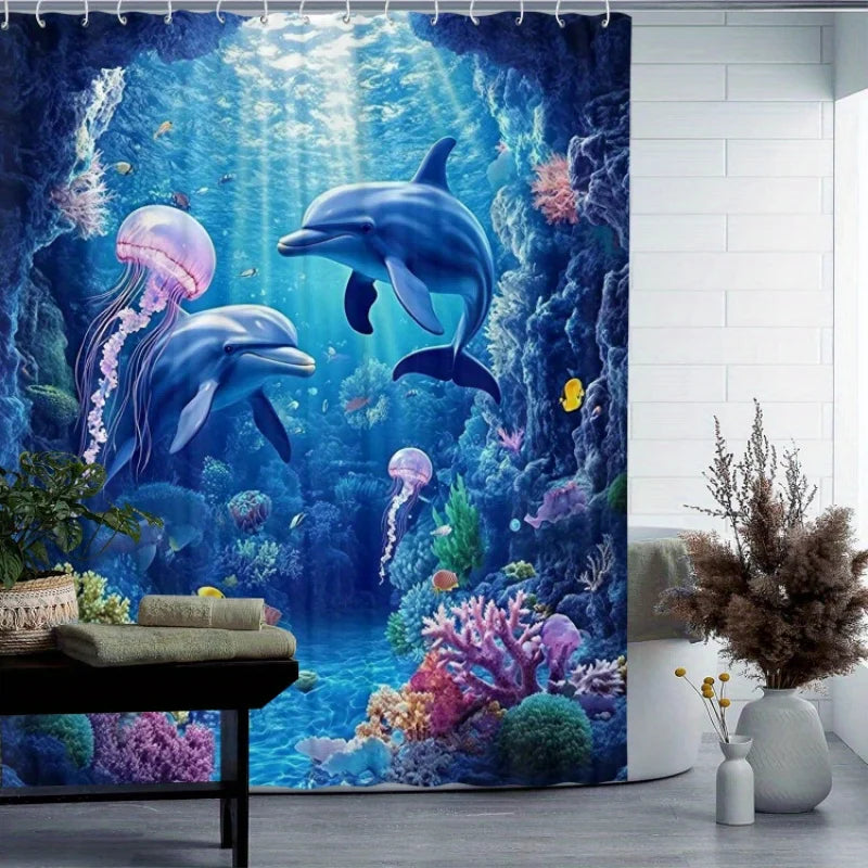 rideau douche sous marin dauphins méduses corail bleu rose moderne opacité océan polyester