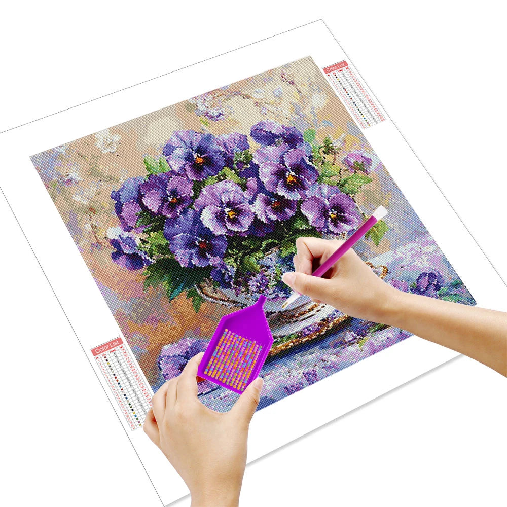 tableau diamant fleurs violettes feuilles vertes fond pastel 30 couleurs adhésif pinceau diamants diy