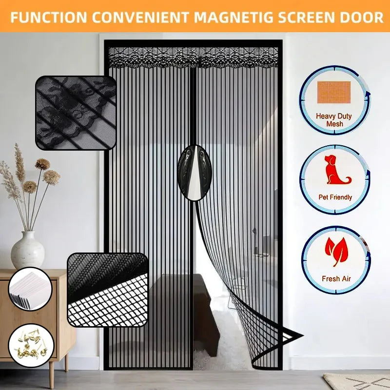 rideau magnétique noir transparent maille fine porte clips dorés facile moderne