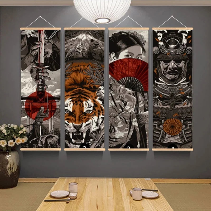 affiches suspendues japonais tigre samouraï femme paravent illustrations détaillées traditionnelles noir rouge