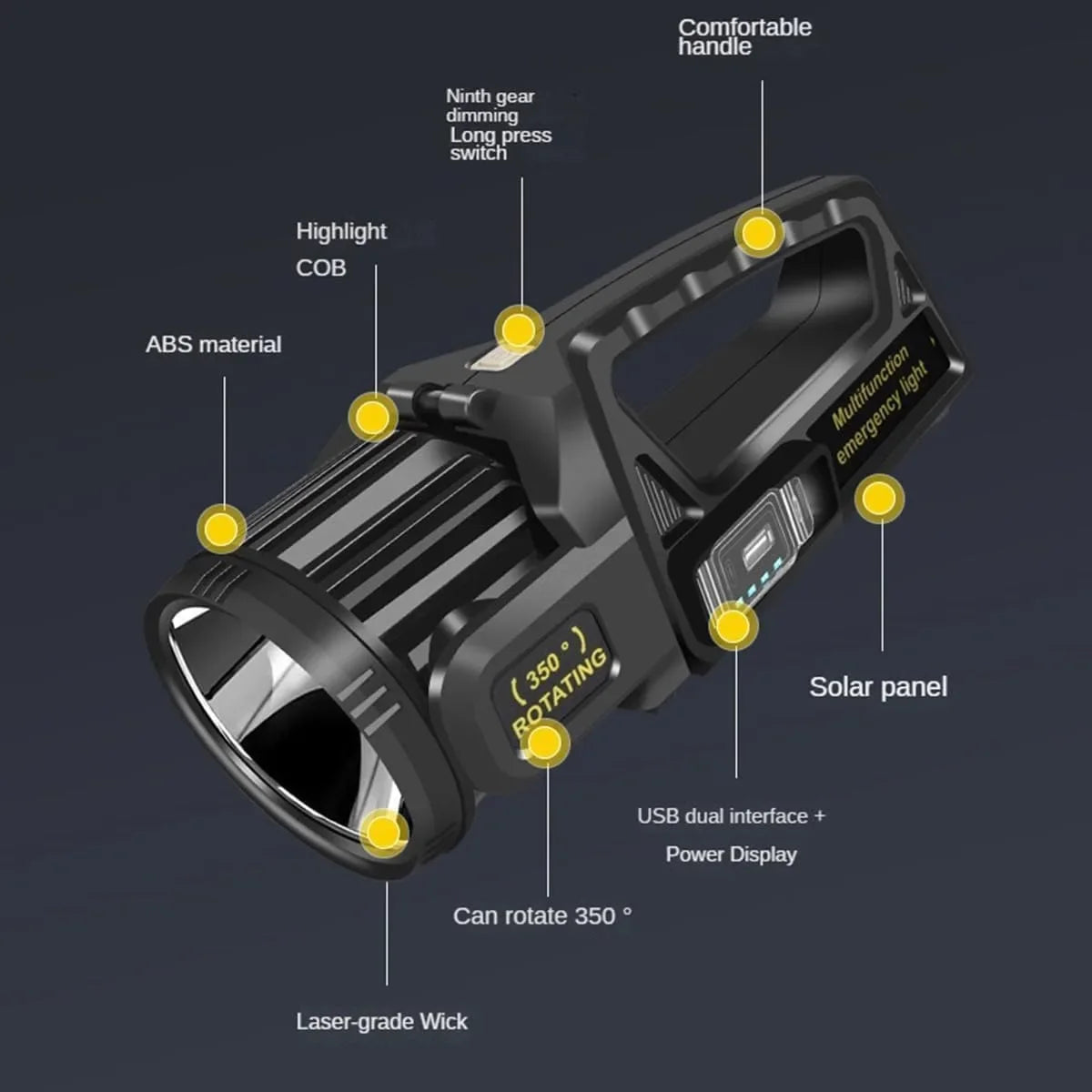 lampe torche rechargeable led modes lumineuse moderne auto défense rotation 350 độ réglage paliers