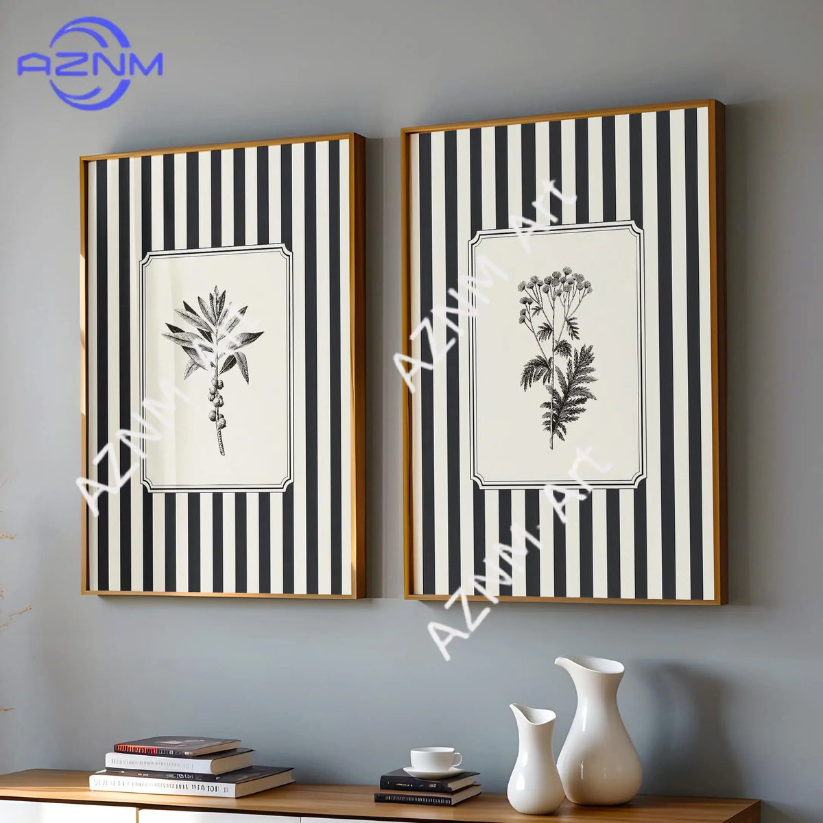 affiche encadrée classique botanique rayures noir blanche abstract toile 40x60cm 50x70cm minimaliste