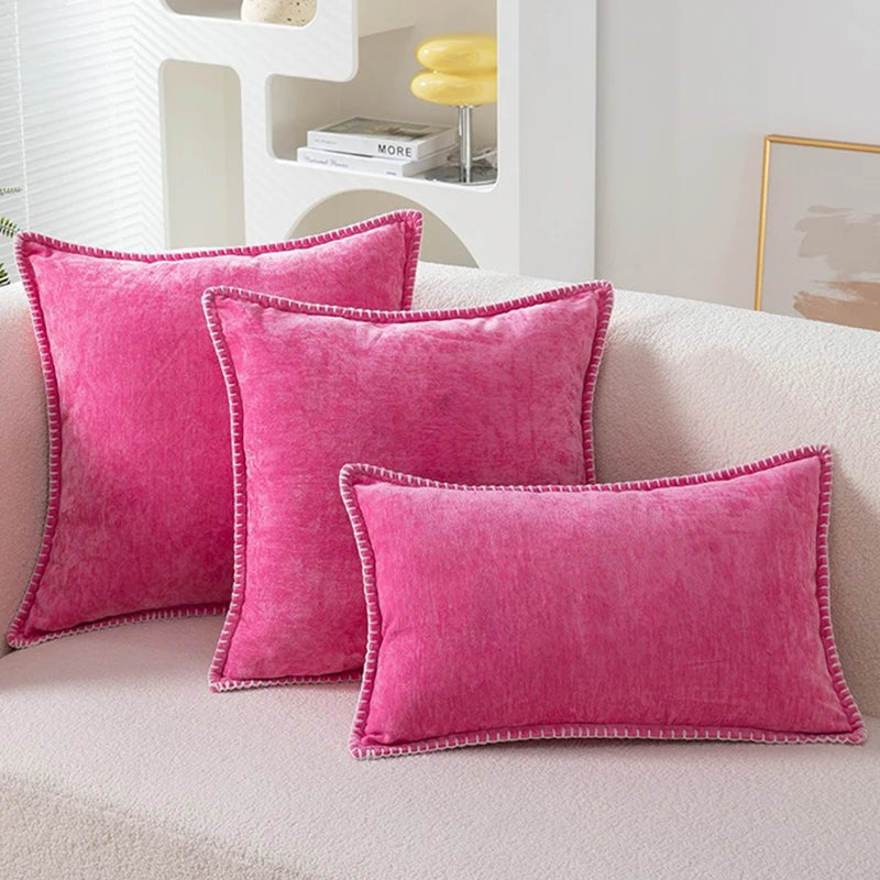 coussin chenille 50x50 cm moutarde motif uni moderne décoration maison øillet fixé