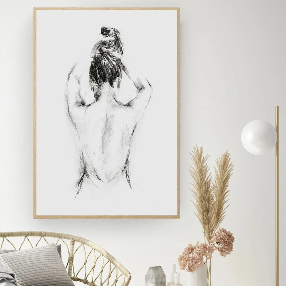 affiche art contemporain noir blanc dessin nu masculin toile sans cadre moderne chambre salon