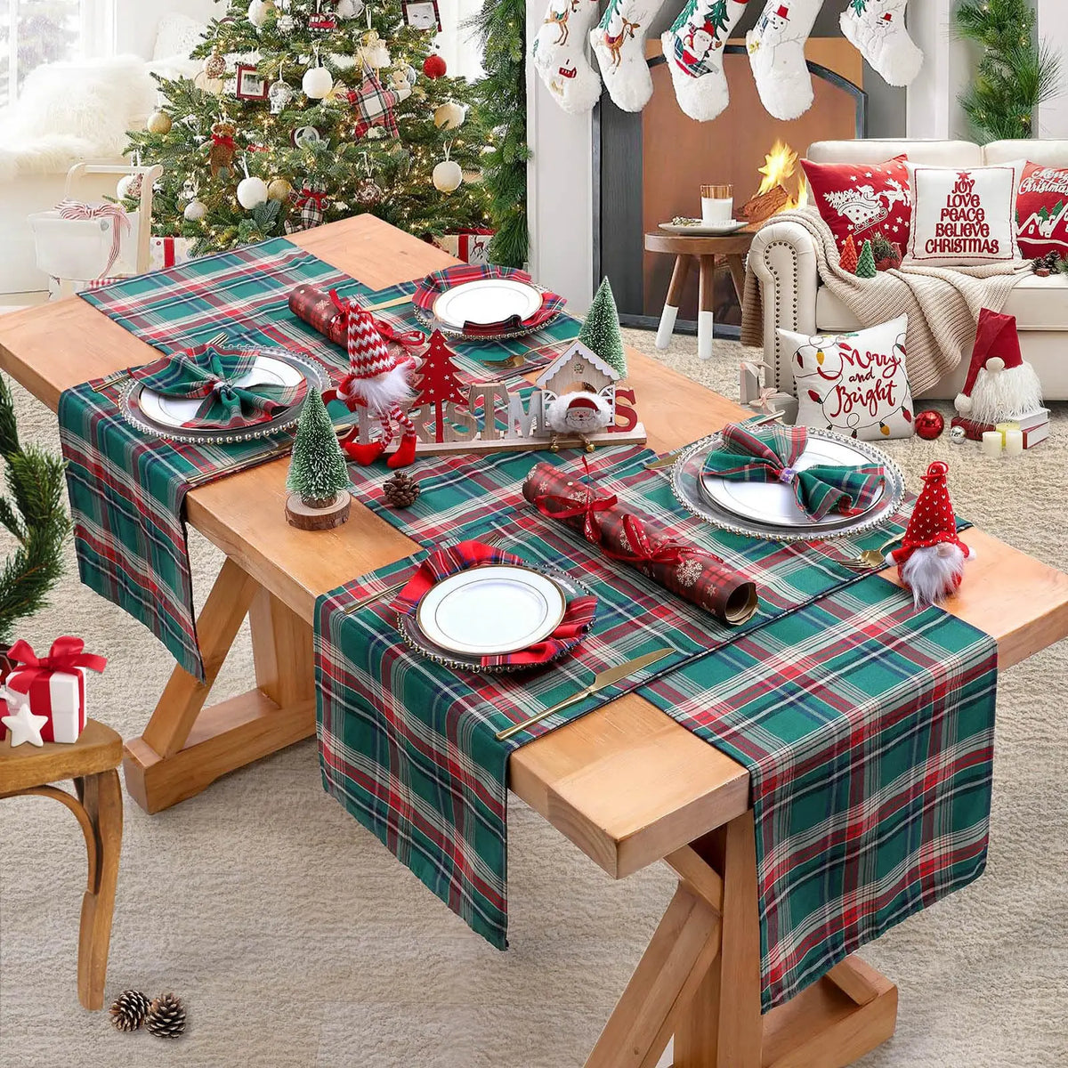 table cheminement carreaux écossais vert rouge blanc hiver noël classique polyester coton