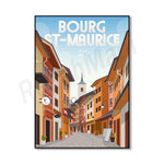 Illustration d'une rue animée de Bourg-Saint-Maurice, avec des bâtiments colorés, des drapeaux et une église en arrière-plan sous un ciel bleu.