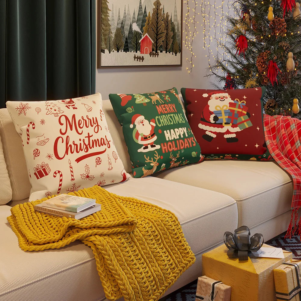 housse coussin noël imprimé père noël rennes arbre décoration maison festive 45x45cm polyester blanc