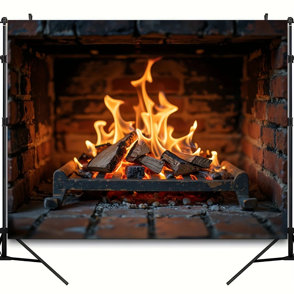 tableau mural feu cheminée noir orange réeliste brique bois meubles décoration intérieure