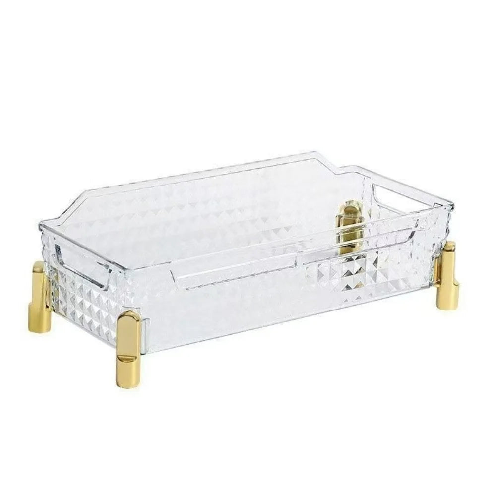 plateau rangement transparent moderne motifs diamants vintage pieds dorés boîtes cosmétiques flacons parfum diffuseur