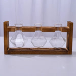 support plantes verre moderne bois marron clair vase transparent feuilles vertes multicoloresintérieur décoration