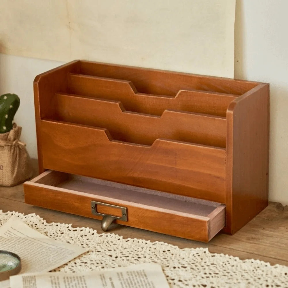 organisateur bois marron vintage tiroirs compartiments documents stylos