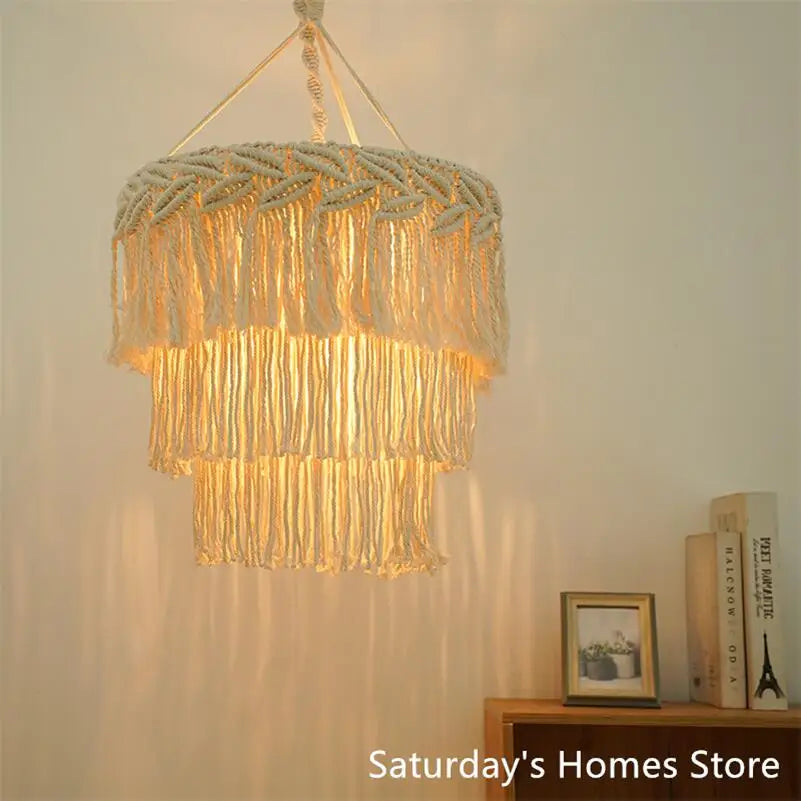 lampe suspendue boho macramé blanc cassé franges artisanal chambre opale coton tissage