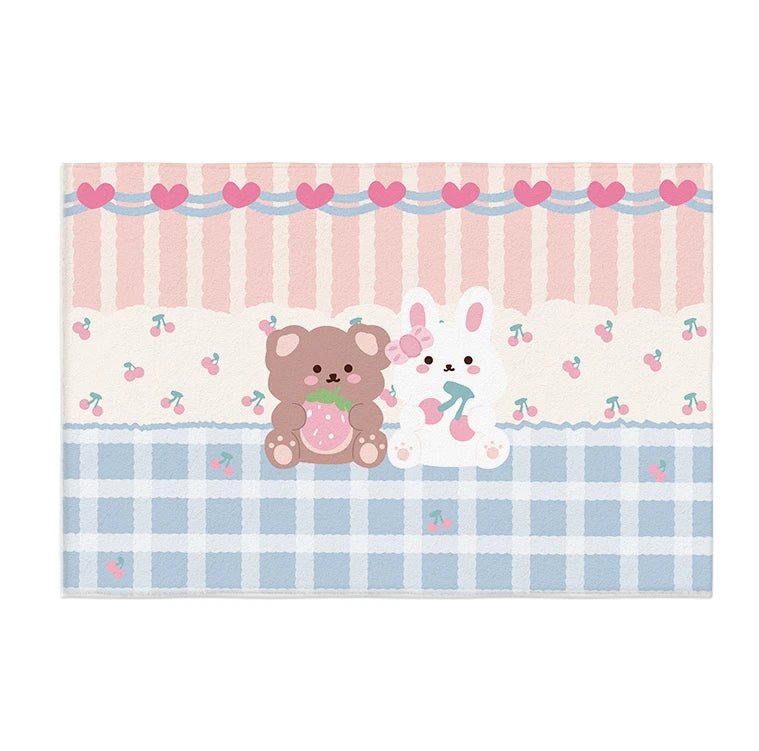 Illustration de fond de motifs à rayures roses et blanches, avec des cœurs bleus et roses, ainsi que des animaux mignons comme un ours brun et un lapin blanc.