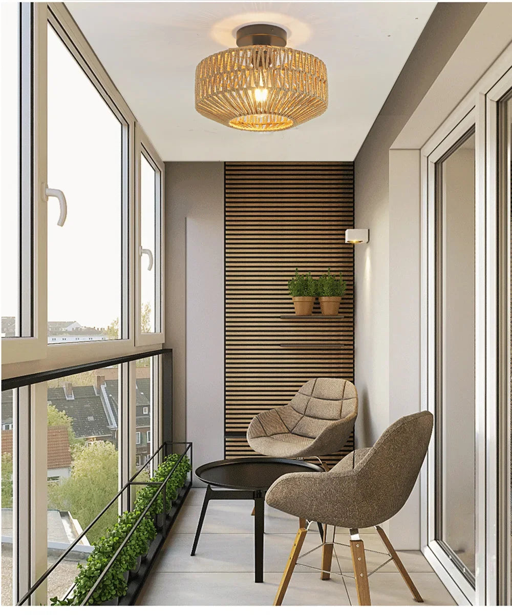 plafonnier suspendu rotin tressé rustique lampes salon chambre semi transparent E27