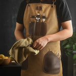 tablier cuisine cuir toile marron clair poche cuir boucle métal écrous métal durable classique