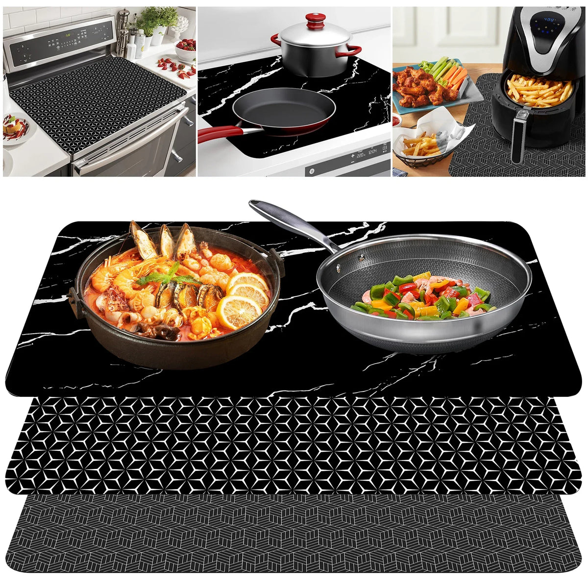 tapis cuisson induction silicone noir blanc motifs géométriques marbre moderne 52x78cm