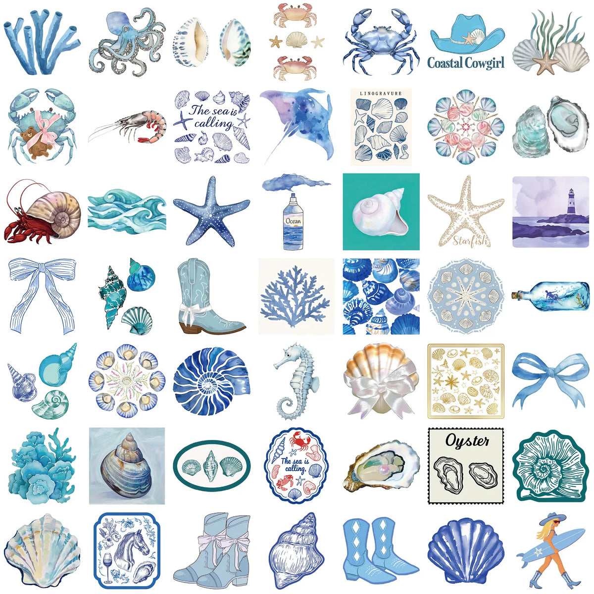 sticker thème marin coquillage corail hippocampe crabe bleu blanc gris vert adhésif illustré pack