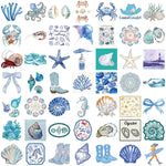 sticker thème marin coquillage corail hippocampe crabe bleu blanc gris vert adhésif illustré pack