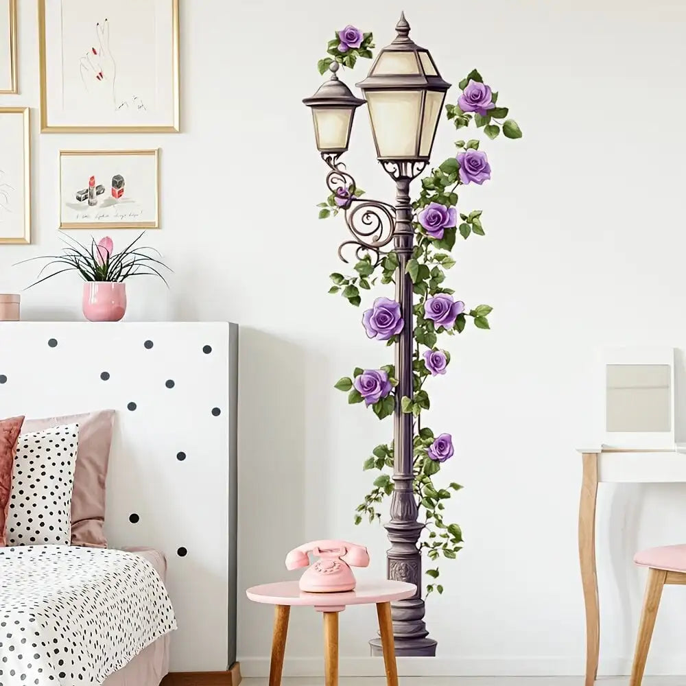 applique murale vintage roses violettes feuilles vertes lanterne ancienne adhésive chambre salon decoration stickers