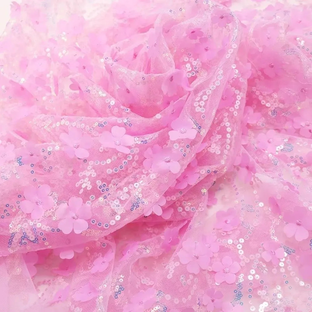 tissu violet rose vert bleu fleurs relief paillettes décoratif élégant polyester rayon hautequalité bricolage