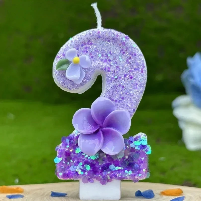 bougies chiffres violets fleurs anniversaire décoratives sans flamme enfants gâteau paillettes numérotation festive