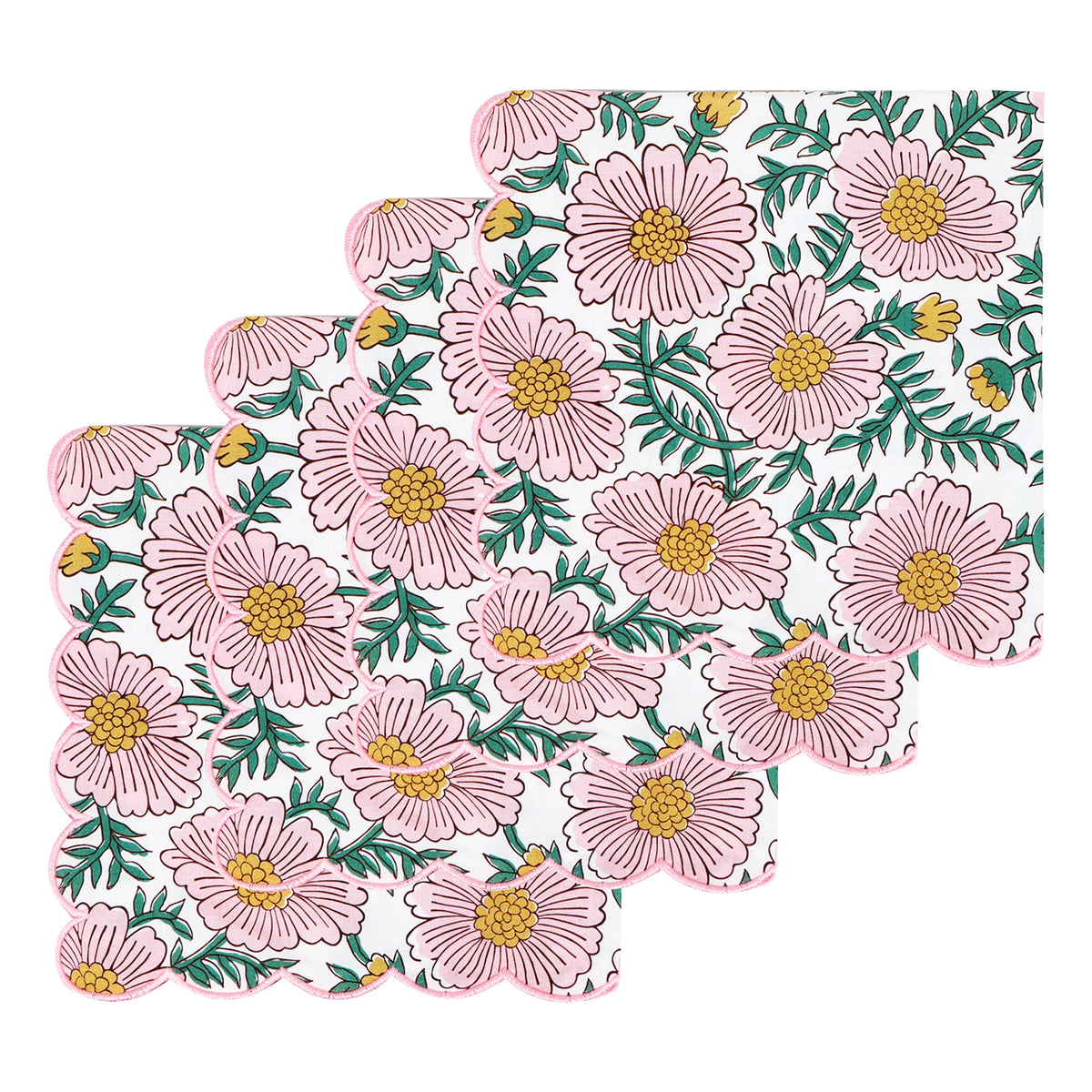 serviettes table classiques fleurs roses jaunes bordure bleue coton rose vert blanc
