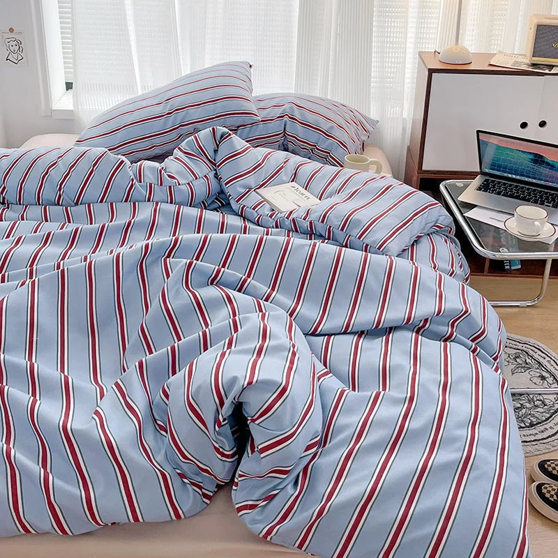 ensemble literie rayures bleu rouge moderne taies oreiller housses décontracté coton mat lit drap