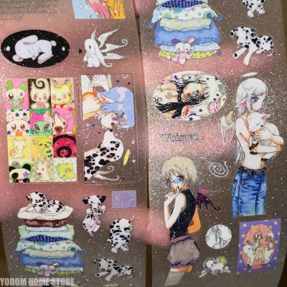 stickers anime personnages animés chiens chats motifs floraux textes colorés rose pâle gris blanc