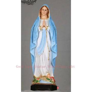 statue religieuse vierge marie résine blanc bleu clair doré croix fleurs base