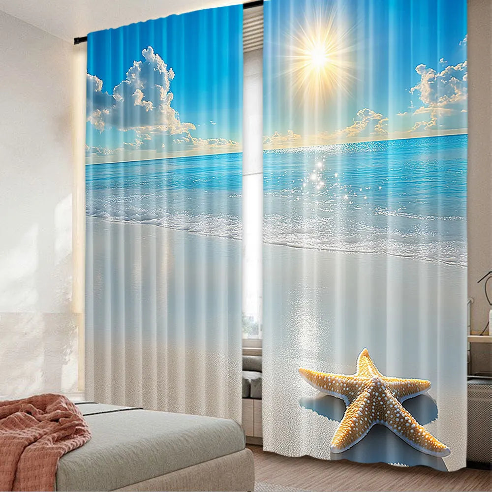 rideau moderne deux panneaux polyester paysage marin soleil nuages plage étoile mer translucide bleu
