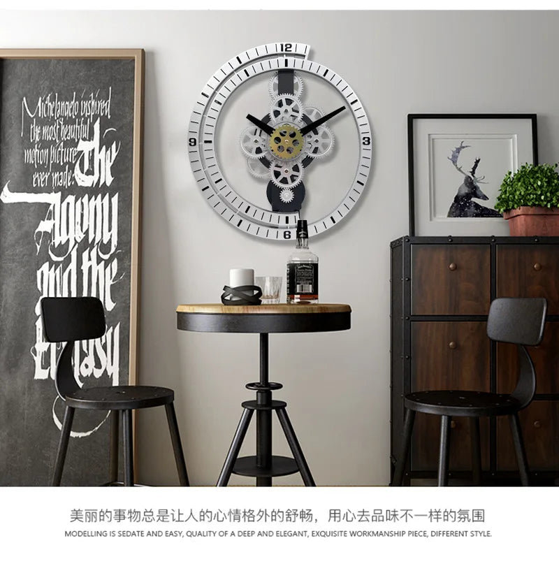 horloge murale décorative engrenages industriels noir blanc doré chiffres cercle métal transparent salon