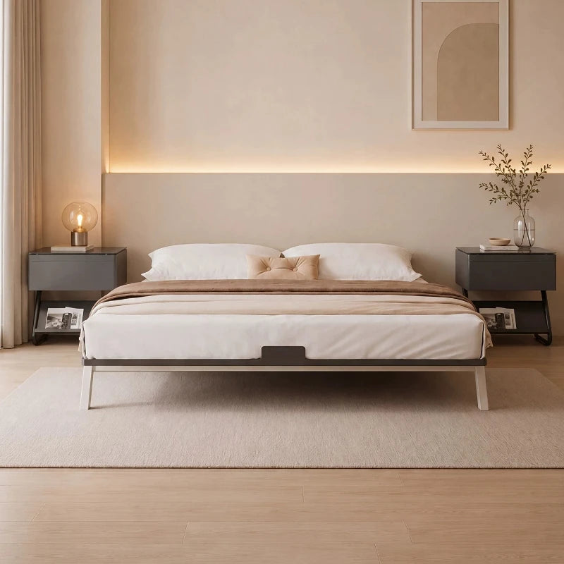 cadre lit moderne noir blanc grille perforations 180x200cm chambre coucher métal