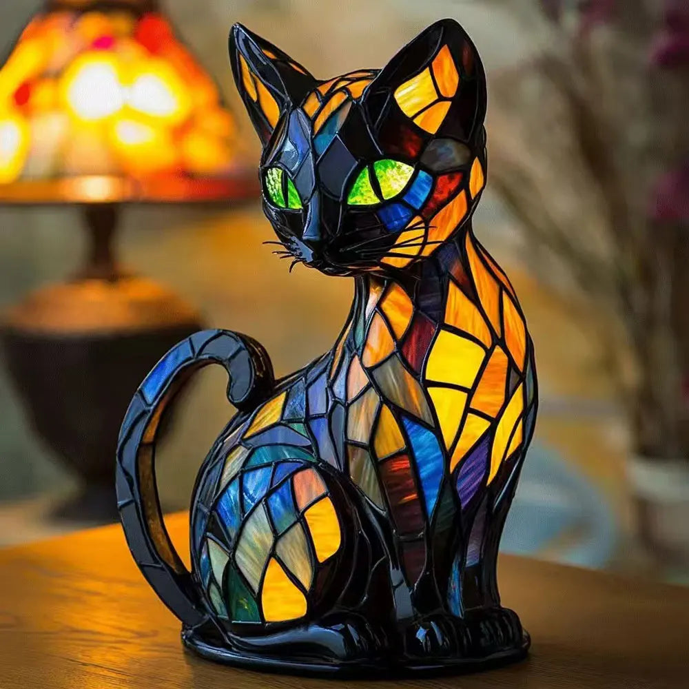lampe poser chat mosaïque couleur art déco noir orange jaune bleu vert violet