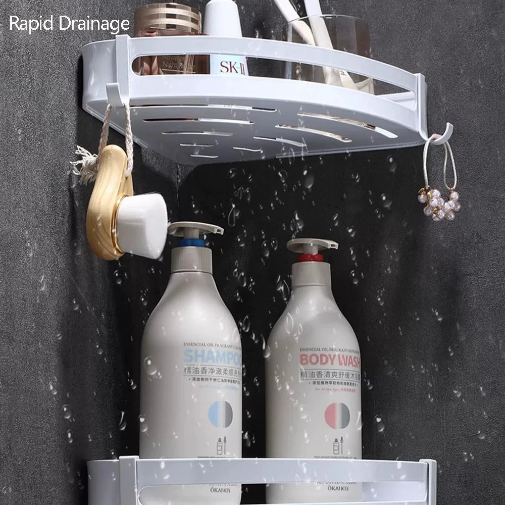 étagère salle bain blanc moderne adhésive shampooing gel douche lotion parfum verre boucles d'oreilles