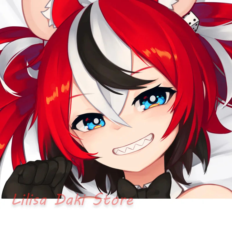 taie d'oreiller animée personnage cheveux longs oreilles chat yeux colorés rouge noir blanc bleu