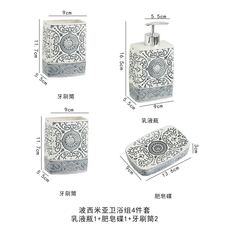 ensemble bain blanc noir ornements floraux pompe savon porte brosse dents porte savon classic