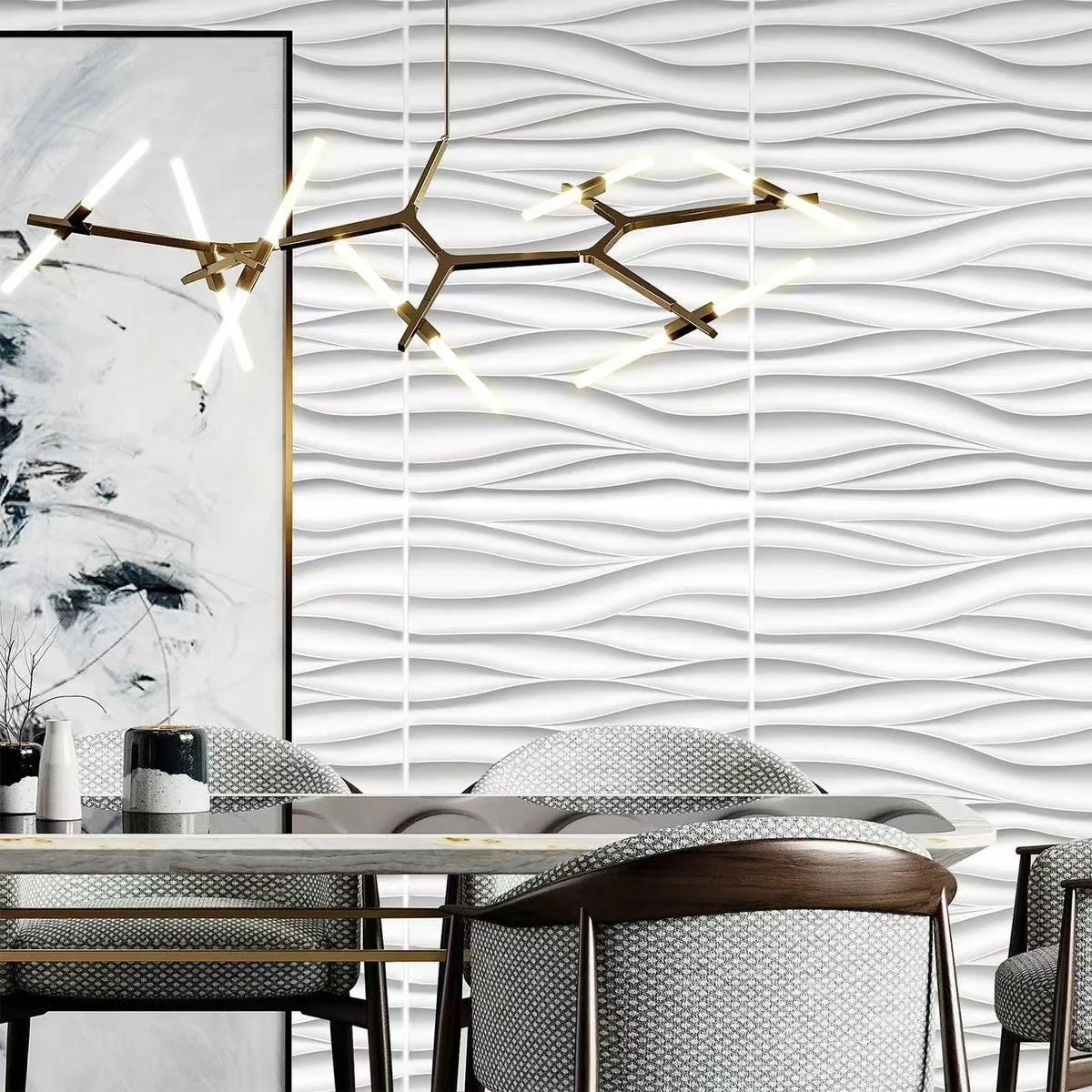 décoration murale moderne panneau 3d blanc rayures ondulées pvc autoadhésif intérieur 30x30cm