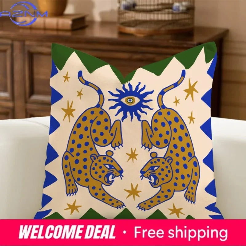 housse coussin décorative motif léopard palmier soleil ethnique moderne salon chambre