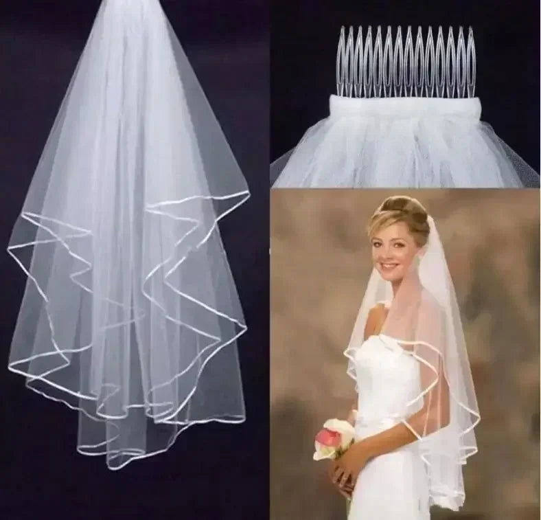 voile mariée court blanc tulle fin deux couches bord ruban clips élégant adultère femme